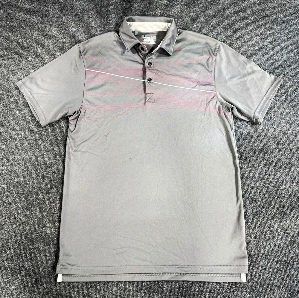 Under Armour Mens Golf Polo Size Small Gray Pink Line Print HeatGear Loose Fit
